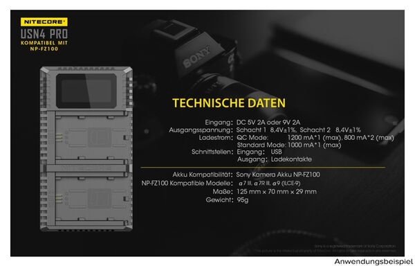 Nitecore USB-Ladegerät mit LCD-Display  USN4PRO für Sony NP-FZ100
