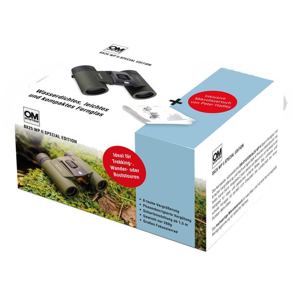 OM SYSTEM 8x25 WP II waldgrün Special Edition Fernglas und Peter Hadley Tuch 
