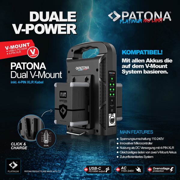 Patona Platinum 2-channel Ladegerät für V-mount batteries 6A*2 USB-C:PD100W out incl. 4-pin XLR Kabel 