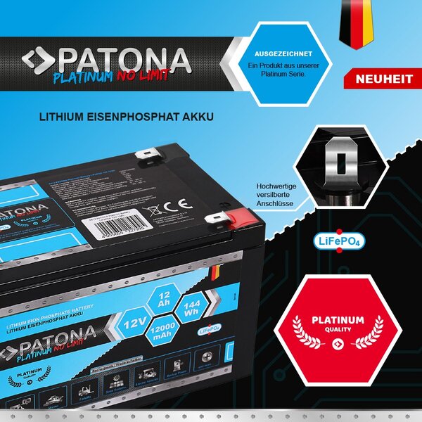 Patona Platinum LiFePO4Akku 12V 12Ah 144Wh 12.000mAh 