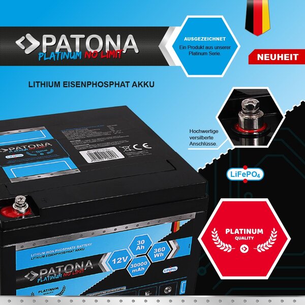 Patona Platinum LiFePO4Akku 12V 30Ah 360Wh 30.000mAh 