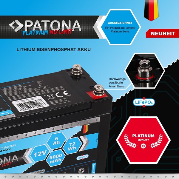 Patona Platinum LiFePO4Akku 12V 6Ah 72Wh 6000mAh 
