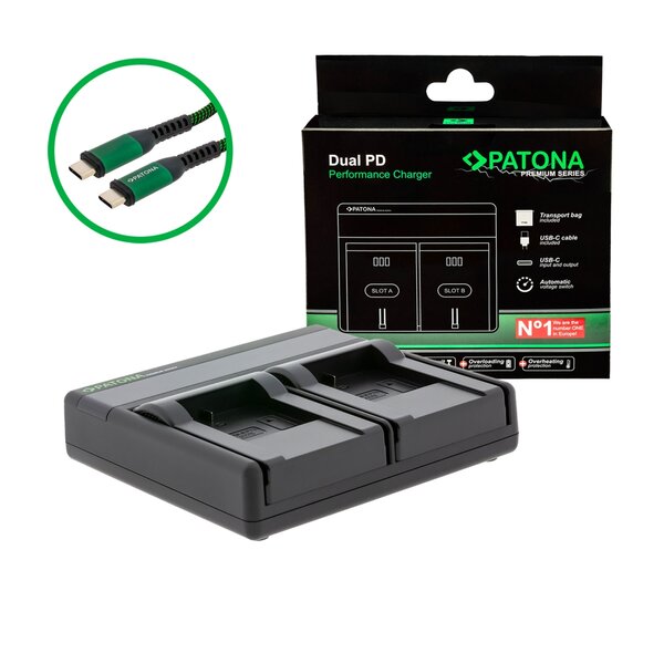 Patona Premium Dual PD Performance Ladegerät für SJCAM SJ4000 incl. USB-C input/output 