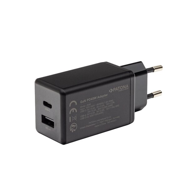 Patona Premium GaN PD45W Adapter black 1xUSB-C 1xUSB-A PD3.0 QC3.0 