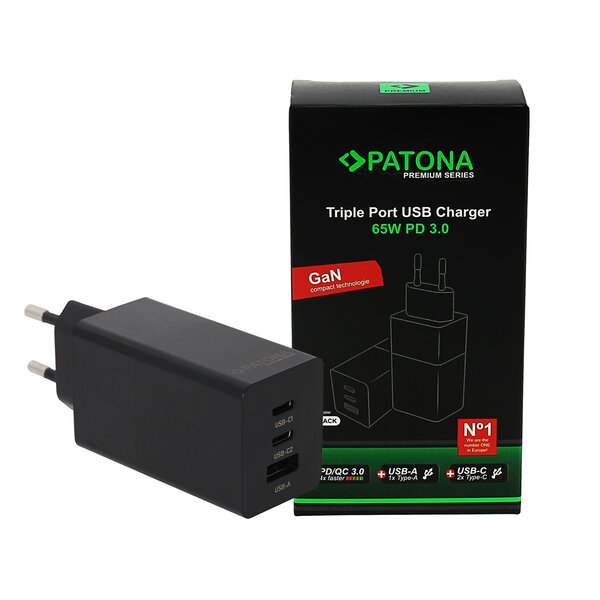 Patona Premium GaN PD65W Adapter black 2xUSB-C 1xUSB-A PD3.0 QC3.0 