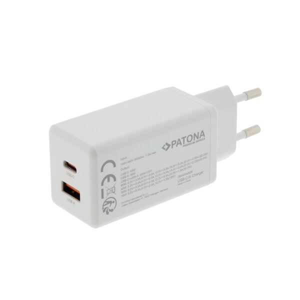 Patona Premium GaN PD65W Adapter white 1xUSB-C 1xUSB-A PD3.0 QC3.0 