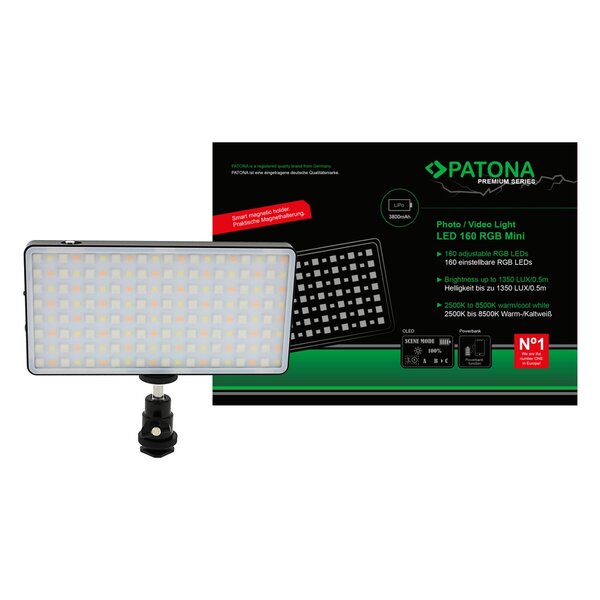 Patona Premium LED Foto und Videolicht mit 160 einstellbaren RGB LEDs und 3 Szenen 