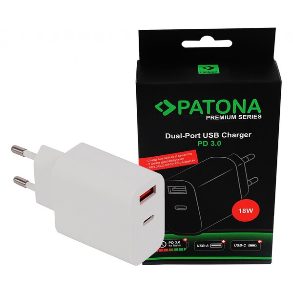 Patona Premium PD18W Adapter 5V/3.0A 9V/2.0A 12V/1.5A A 1xUSB-C 1xUSB-A PD3.0 QC3.0 white 