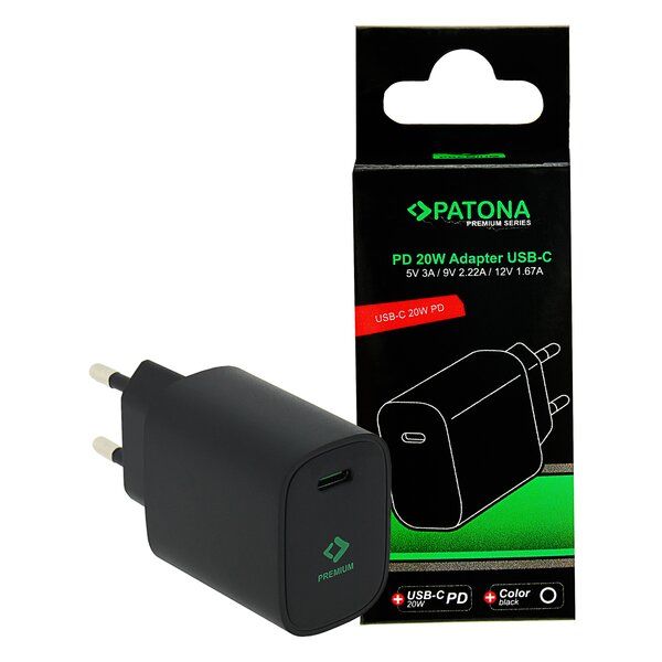 Patona Premium PD20W Adapter 5V/3A 9V/2.22A 12V/1.67A USB-C PD3.0 QC3.0 black 