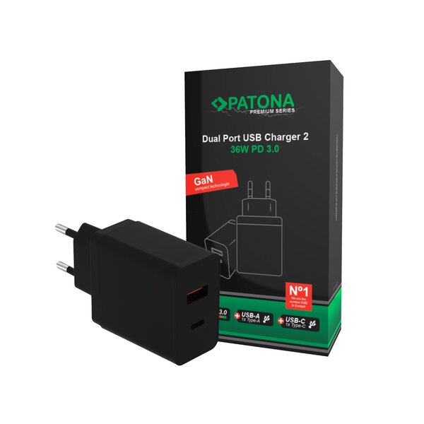 Patona Premium PD36W Adapter black 5V/3A 9V/2A 12V/1.5A 1xUSB-C 1xUSB-A PD3.0 QC3.0 