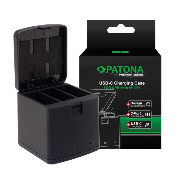 Patona Premium triple Ladegerät charging box für GoPro Hero 9 10 11 incl. USB-C Kabel 