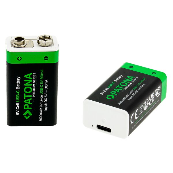 Patona Premium USB-C 2x 9 Volt block batteries 6F22 Lithium 3600mWh 1.5V rechargeable with 1 to 2 USB-C charging cable 
