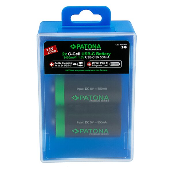 Patona Premium USB-C 2x LR14 Baby C batteries Lithium 3450mWh 1.5V rechargeable with 1 to 2 USB-C charging cable 