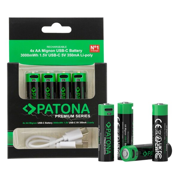 Patona Premium USB-C 4x AA Mignon rechargeable batteries Lithium 3000mWh 1.5V rechargeable with 1 to 2 USB-C charging cable 