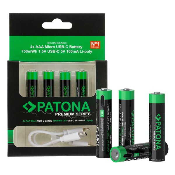Patona Premium USB-C 4x AAA Micro rechargeable batteries Lithium 750mWh 1.5V rechargeable with 1 to 2 USB-C charging cable 