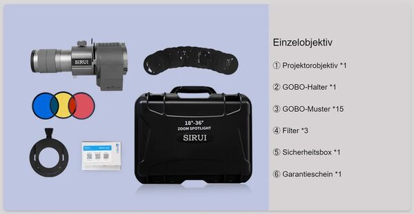Sirui P1836A 18° - 36° Projektionslinse mit stufenlosem Zoom und Gobos / Bowens Mount 