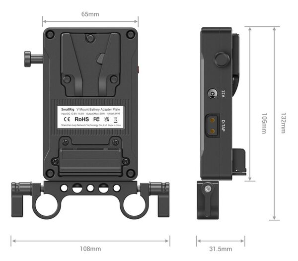 SmallRig 3498B V-Mount Batterieadapter  Platte mit doppelter Stabklemme
