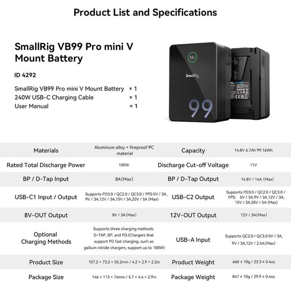SmallRig 4292 VB99 Pro Mini V-Mount Akku 