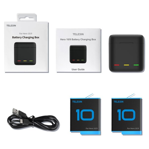 Telesin Dreifach-Ladegerät Box + 2x Akku - GoPro 9/10/11  Akku Blau
