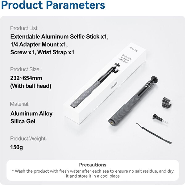 Telesin Selfie Stick 65cm Wasserdicht mit Kugelkopf 