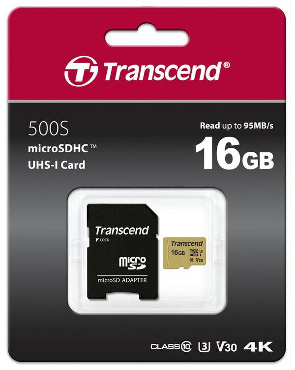 Transcend microSDHC Card 500S UHS-I U3 V30 95/60MB/s  16 GB