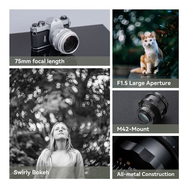 TTArtisan 75mm f/1,5  M 42 silber