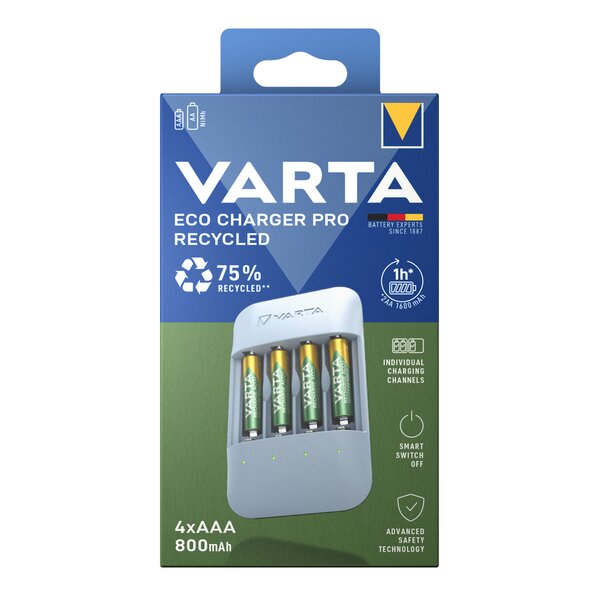 Varta Eco Charger Pro Recycled + 4x AAA 800 mAh, Ladegerät inkl. NiMh Akkus 