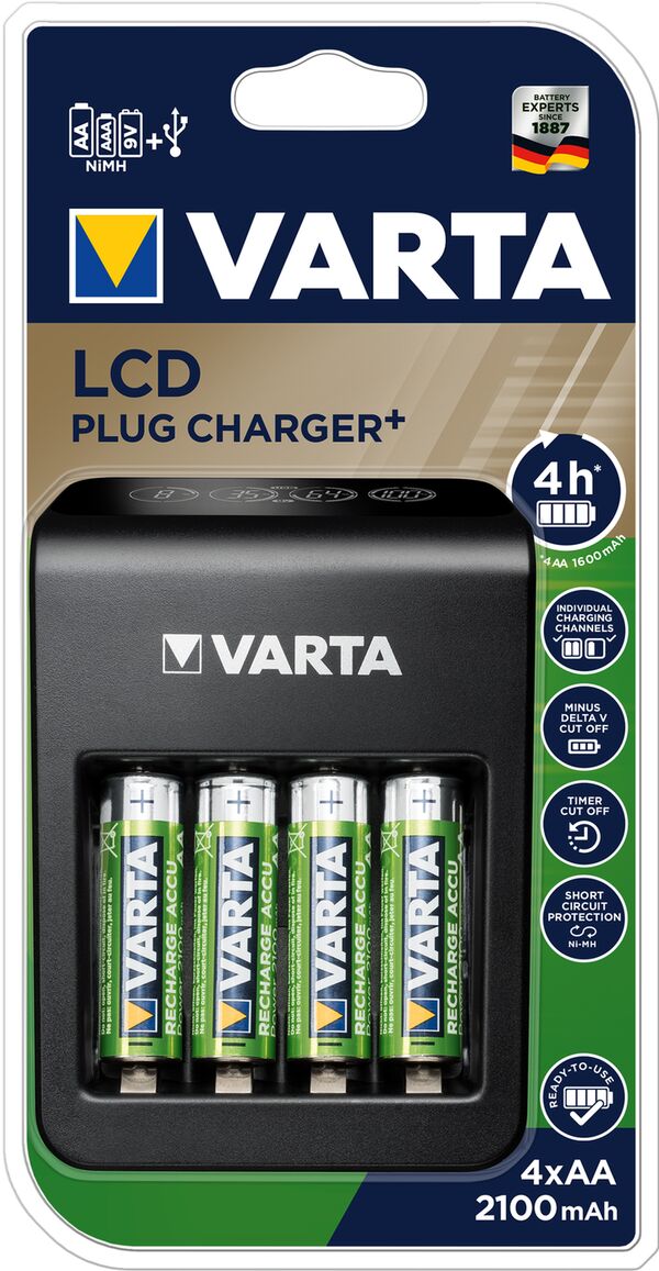 Varta LCD Plug Charger inkl. 4 AA/LR6 Mignon Power Akkus 2100 mAh 