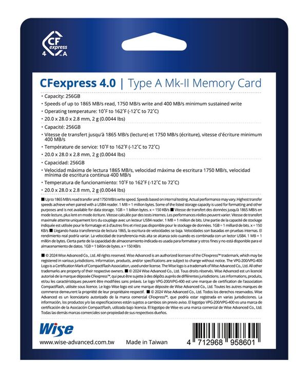 Wise CFexpress 4.0 Type A Mk-II Memory Card  256GB
