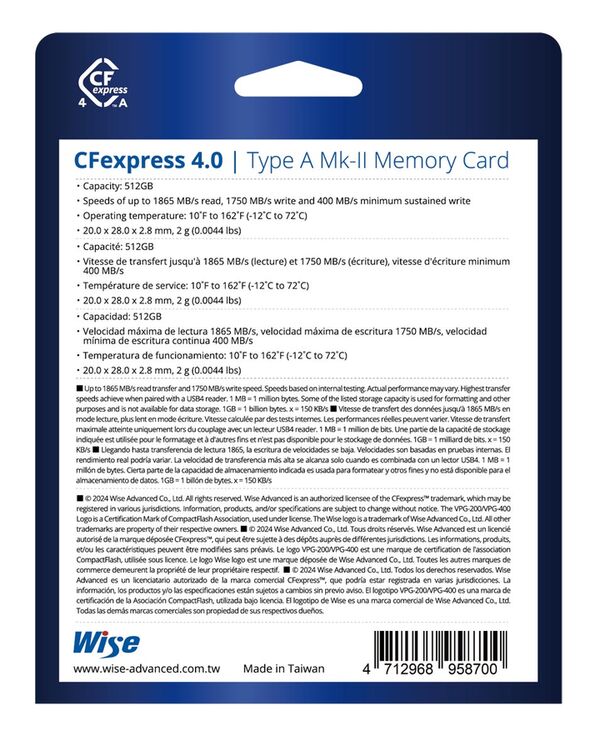 Wise CFexpress 4.0 Type A Mk-II Memory Card  512GB