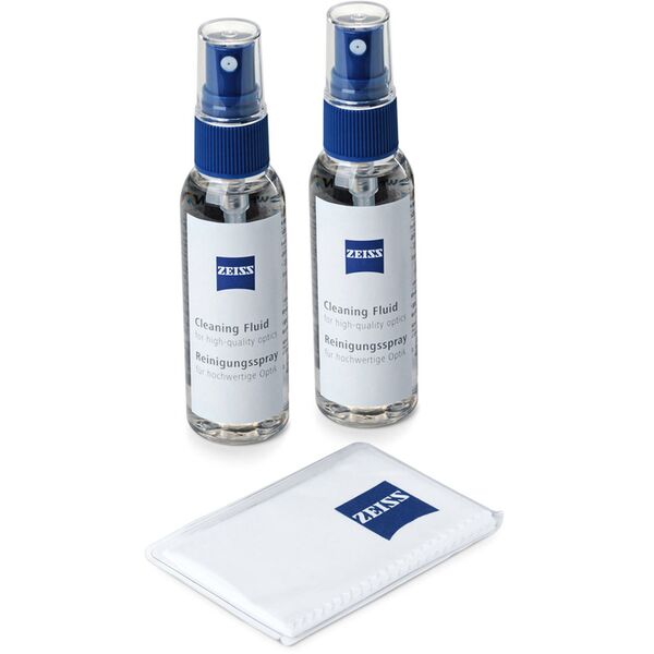Zeiss Reinigungsspray (2×60 ml), Mikrofasertuch (18×18 cm), 2 Optikreinigungslösungen 
