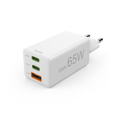 Hama Schnellladegerät, GaN, 2x USB-C, 1x USB-A, Mini-Ladegerät, PD  65 Watt weiß