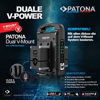 Patona Platinum 2-channel Ladegerät für V-mount batteries 6A*2 USB-C:PD100W out incl. 4-pin XLR Kabel 