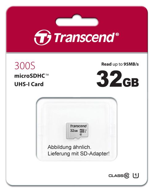 Transcend 32 GB microSDHC-Karte 300S-A UHS-I U1 V10 95/45MB/s mit Adapter 