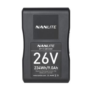 Nanlite V-Mount-Akku BT-V-26V230 Lithium-Ionen-Akku 26 V 230 Wh 9 Ah. Max. Belastbarkeit 15 A. Mit Ladezustandsanzeige V-Mount-Anschluss D-Tap-Buchse. 