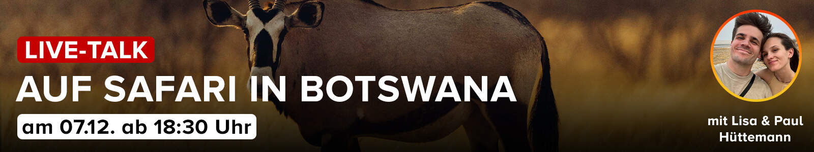Live-Talk Auf Safari in Botswana mit Lisa und Paul HÃ¼ttemann Banner