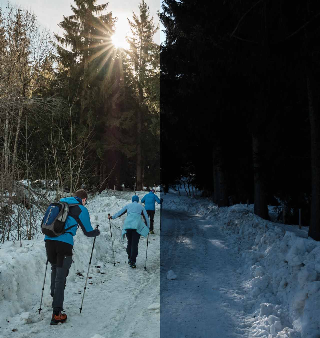 Winterwanderer auf einem schneebedeckten Weg