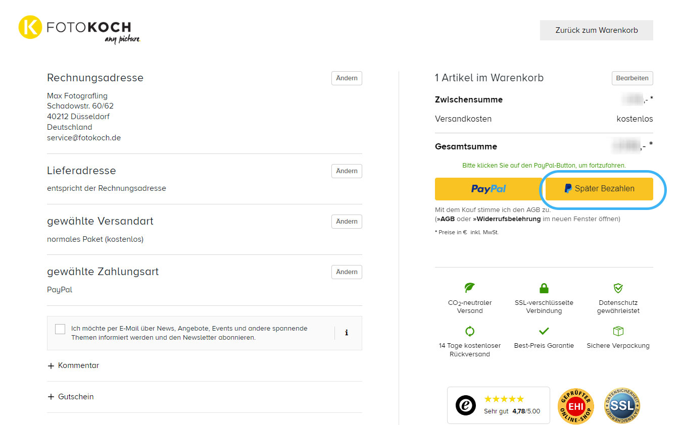 SpÃ¤ter Zahlen nutzen von Paypal bei Foto Koch