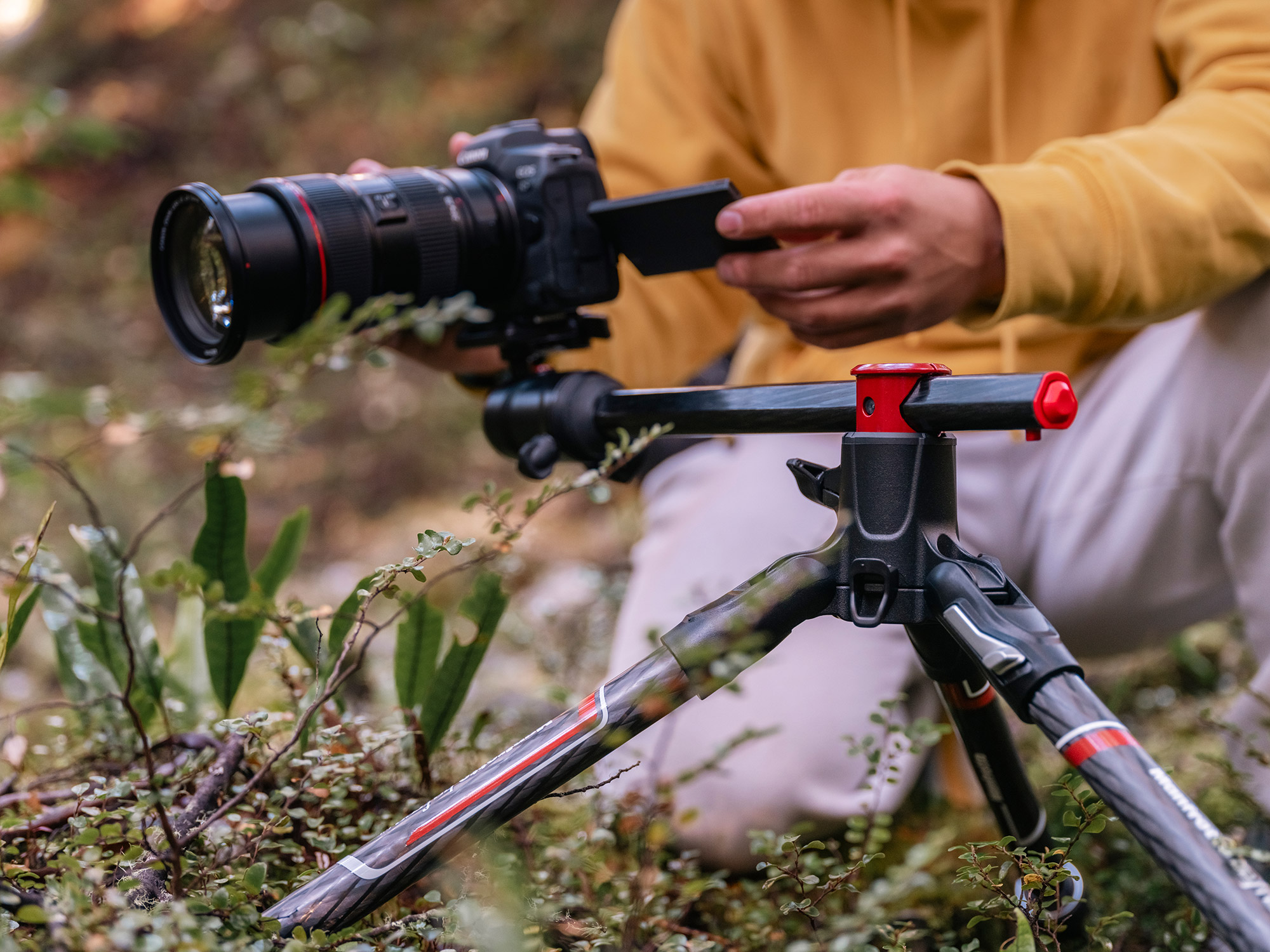 Das Manfrotto Befree eignet sich mit der umlegbaren Mittelsäule perfekt für Makro und Topdow Shots