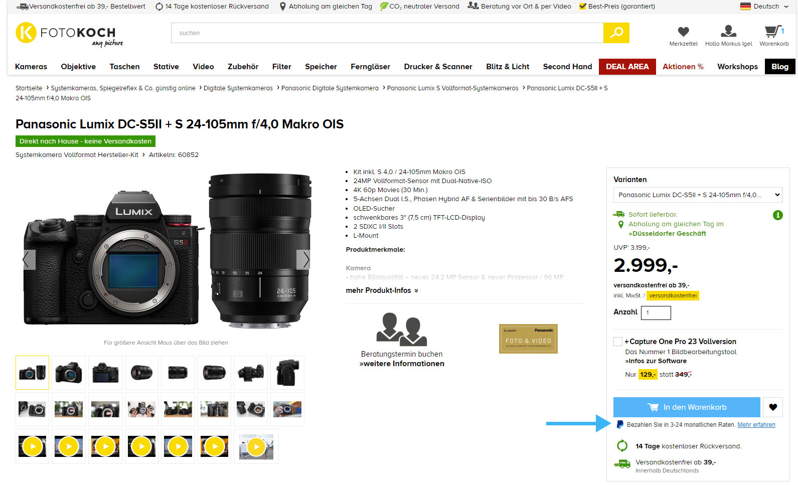 SpÃ¤ter Zahlen nutzen von Paypal bei Foto Koch